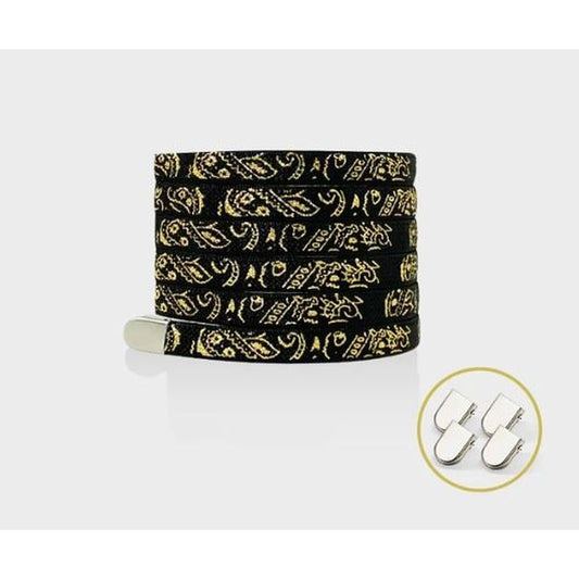 1 Paar flache elastische Schnürsenkel ohne binden (100 cm lang, 8 mm breit) - Bandana Vibes - schwarz/gold